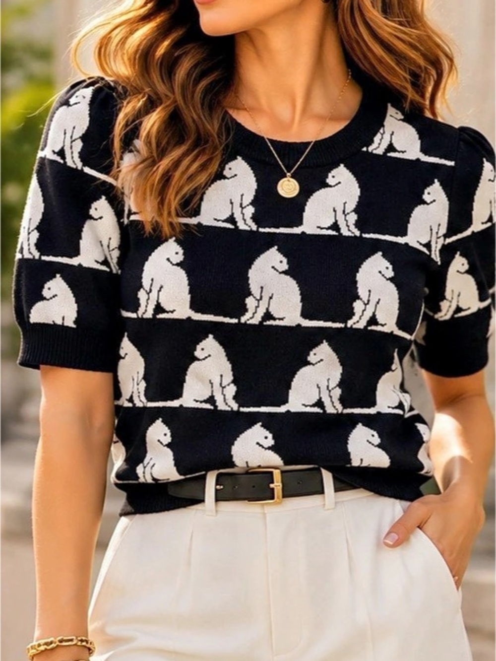 Maeve Anthropologie Harmon Cat Jacquard Sweater Top Black White Small